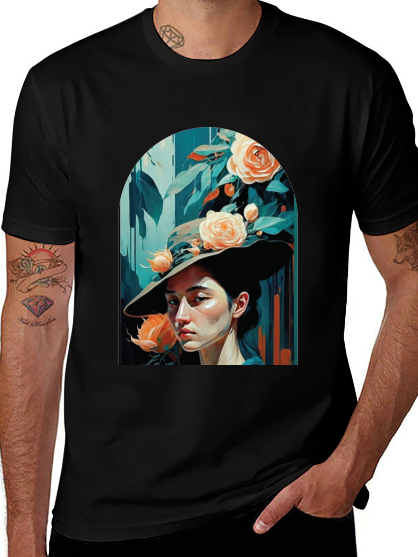 Variant 11 of Elegant Floral Lady Graphic Tee - Unisex Black T-Shirt