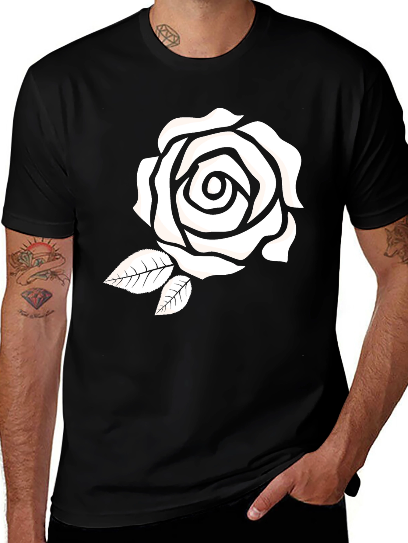 Black Black T-Shirt with White Rose Graphic main image