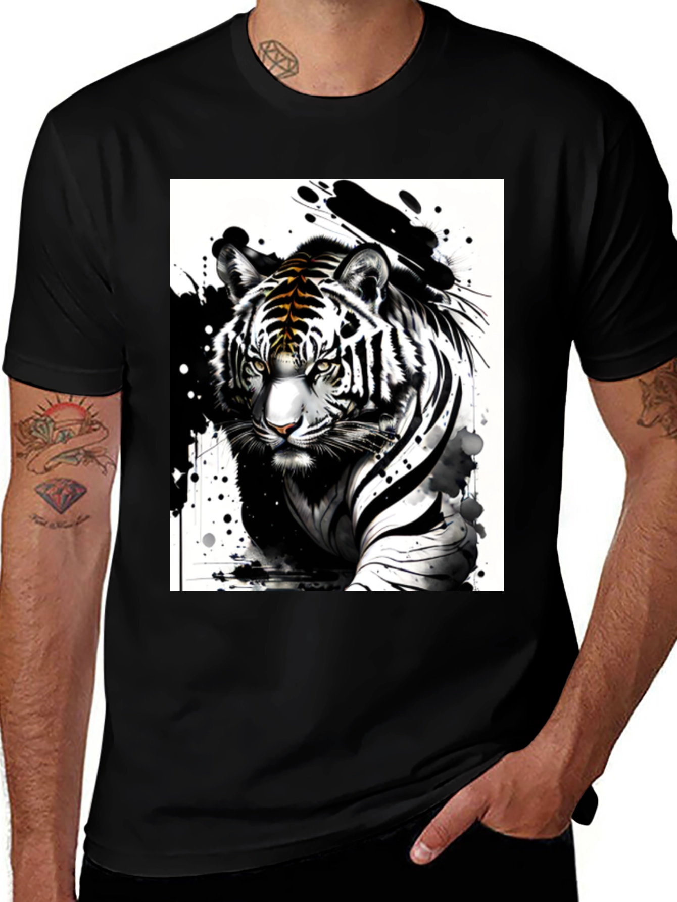 Variant 30 of Tiger Ink Art Graphic Tee - Black Cotton Blend T-Shirt