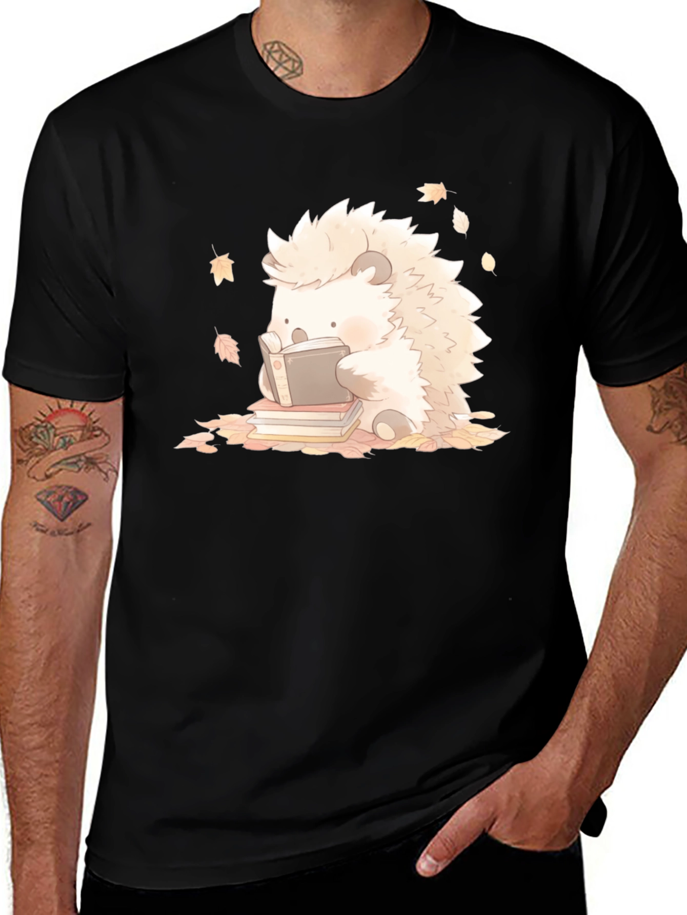 Variant 18 of Cute Reading Hedgehog Black T-Shirt