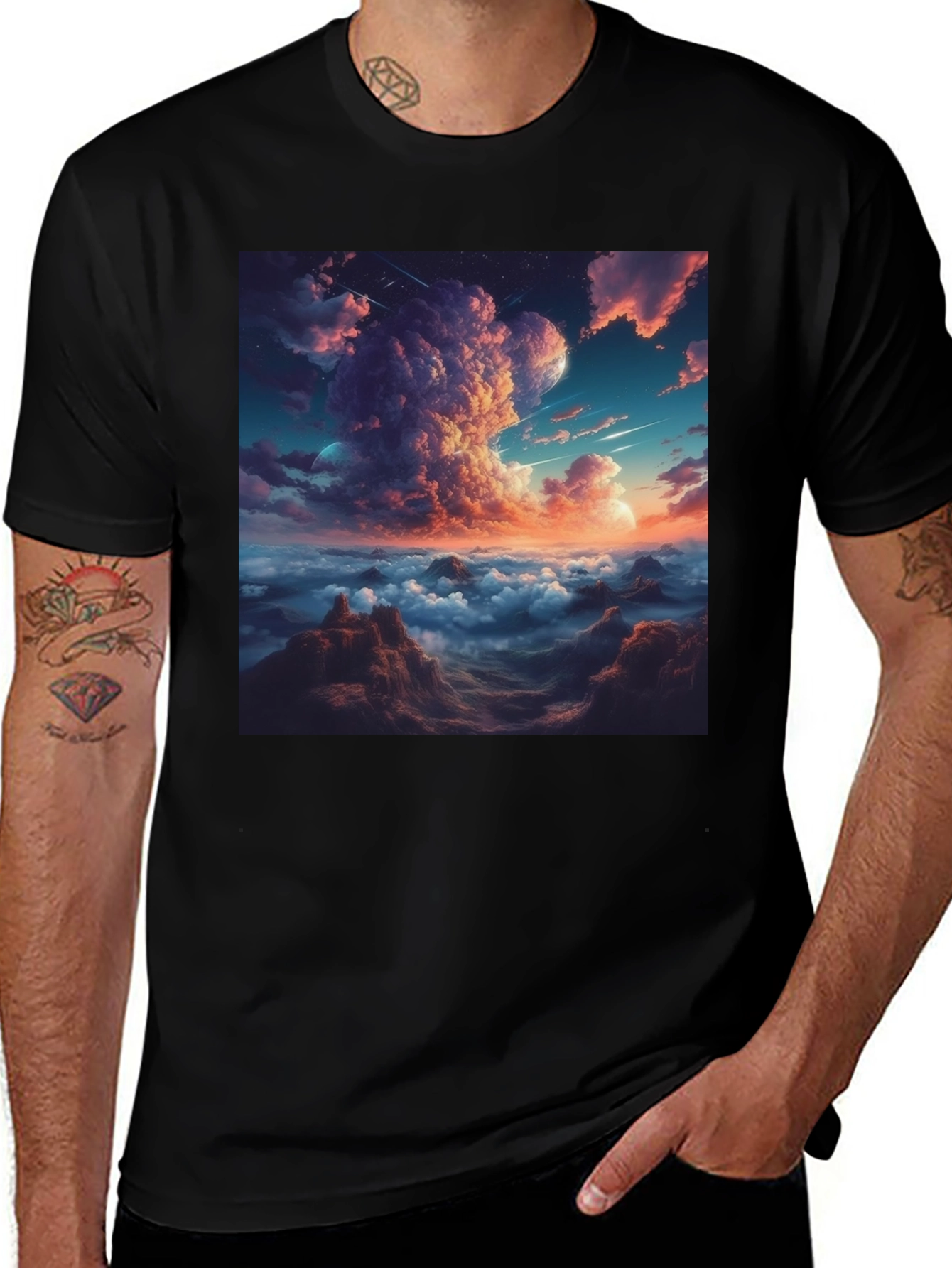 Celestial Cloudscape Graphic Tee - Black Cotton Comfort