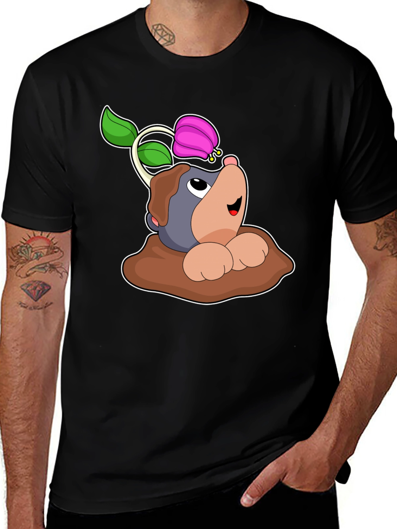 Cute Mole with Flower Black T-Shirt