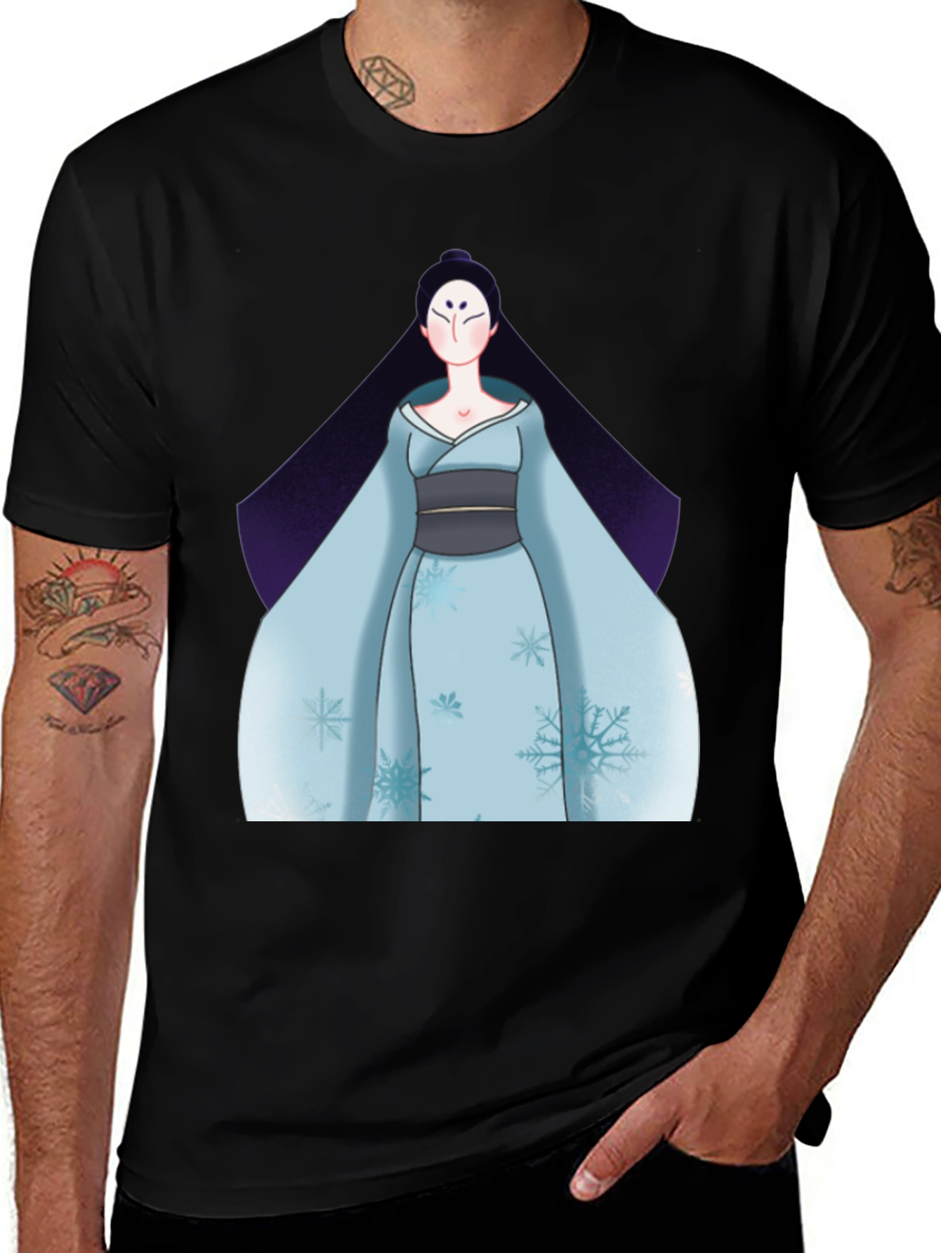 Variant 13 of Black T-Shirt with Anime Winter Kimono Design