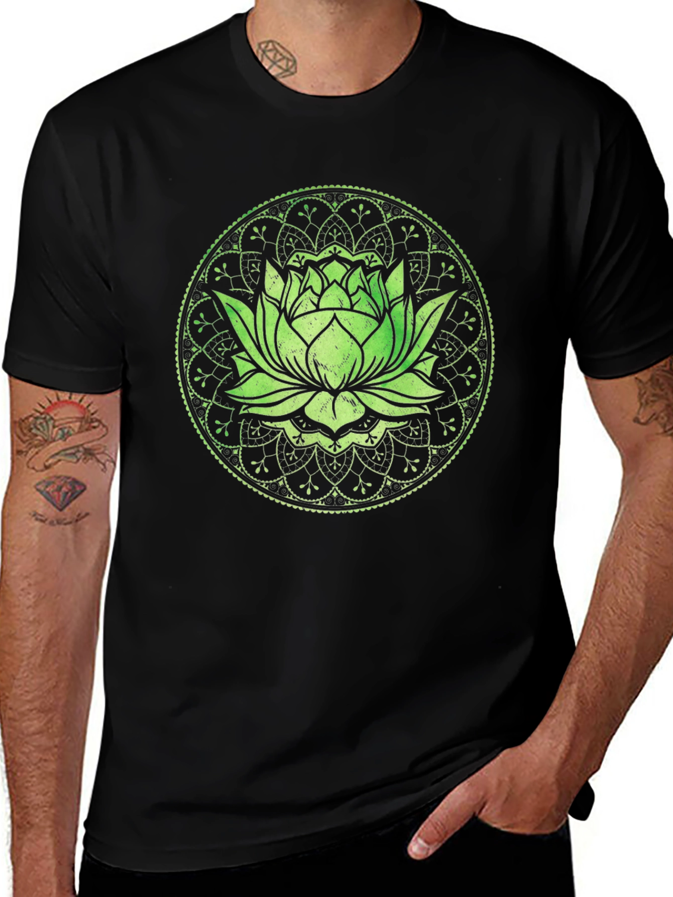 Lotus Mandala Graphic Print Black T-Shirt
