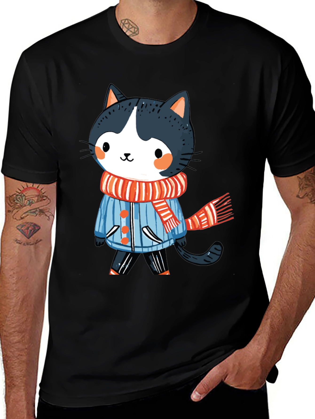 Variant 18 of Cute Cartoon Cat in Winter Outfit Black T-Shirt