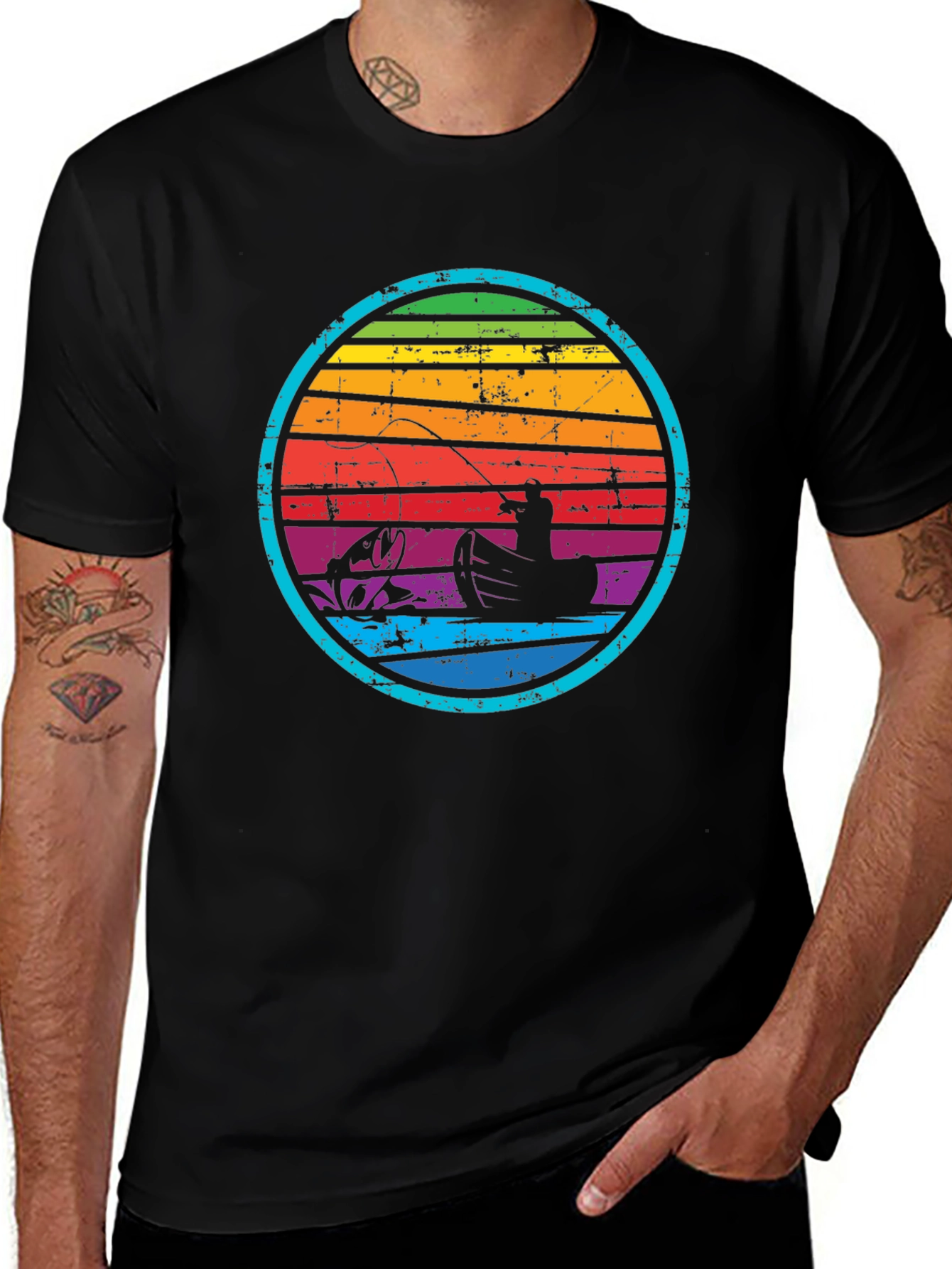 Variant 3 of Retro Fishing T-Shirt - Rainbow Sunset Design