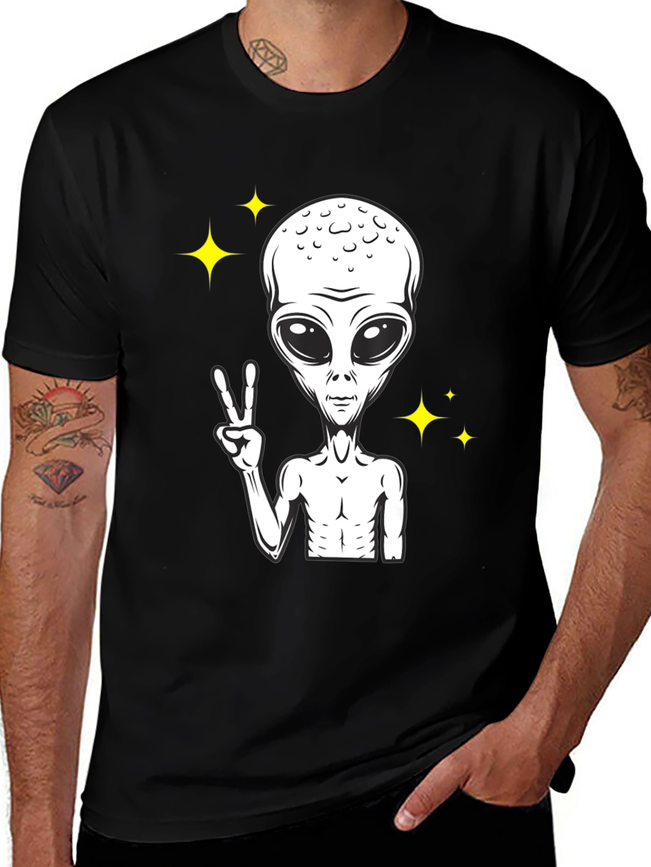 Variant 18 of Alien Peace Sign Graphic Tee - Black Cotton T-Shirt