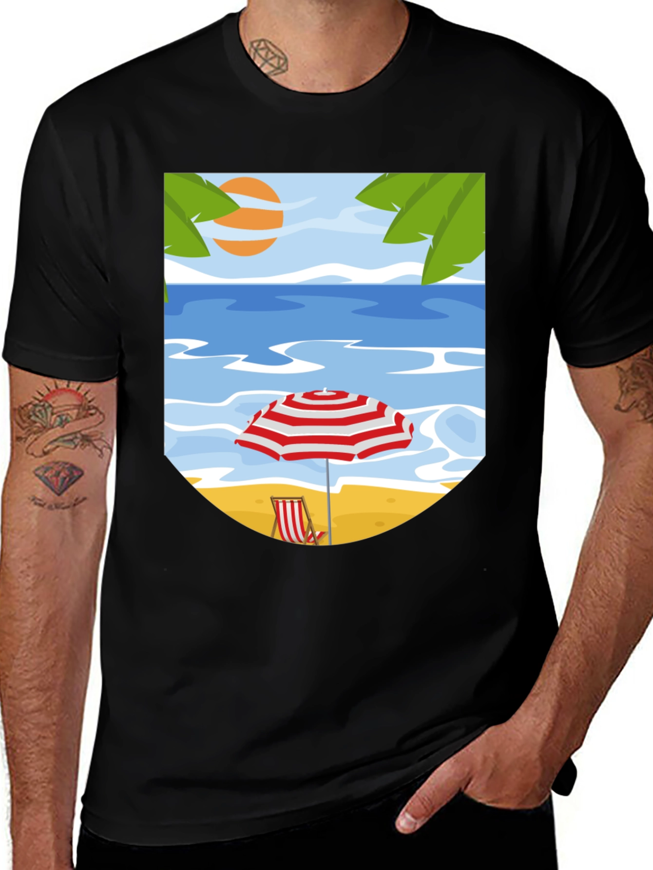 Variant 28 of Beach Scene Graphic Tee - Black Cotton T-Shirt