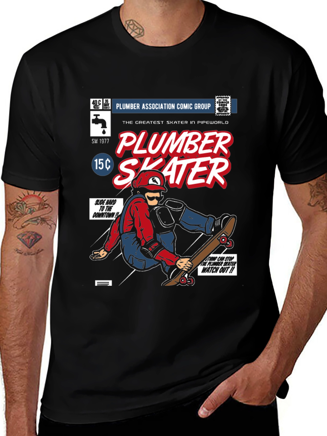 Black Plumber Skater Comic T-Shirt - Black Cotton Graphic Tee main image