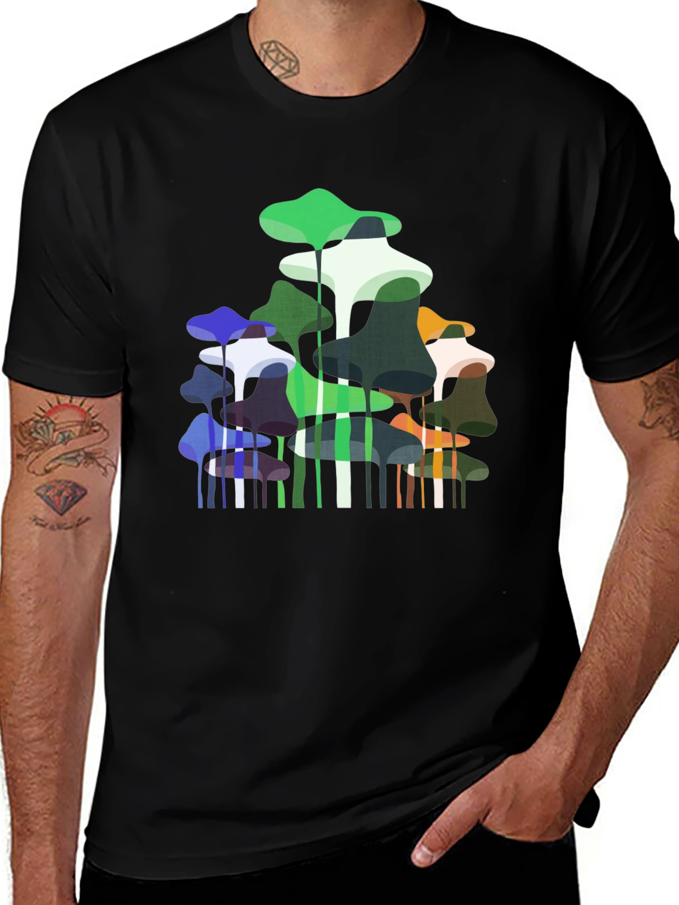 Abstract Mushroom Print Black T-Shirt