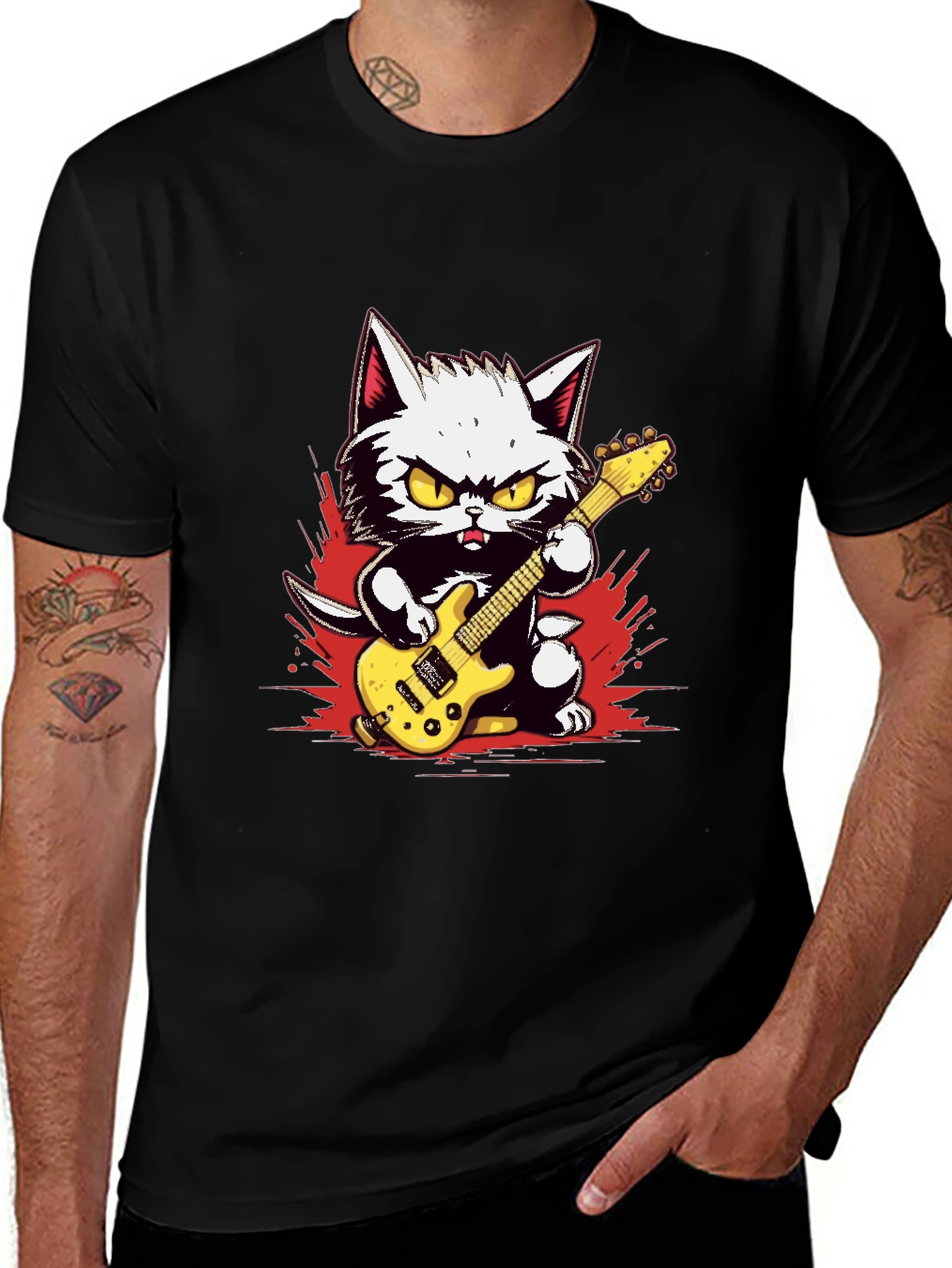 Variant 26 of Cool Cat Guitarist Graphic Tee - Black