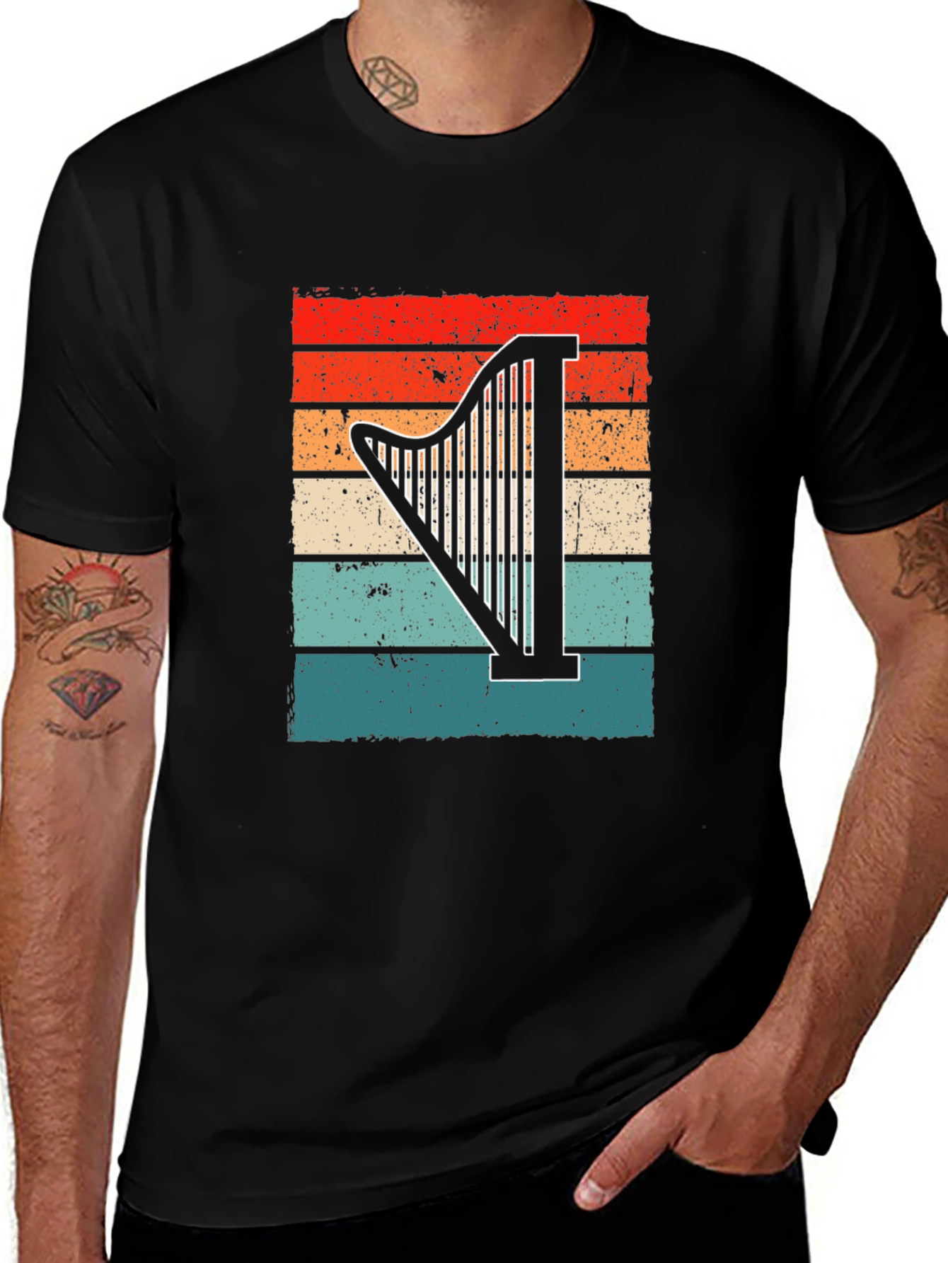 Black Vintage Harp Sunset Graphic T-Shirt main image