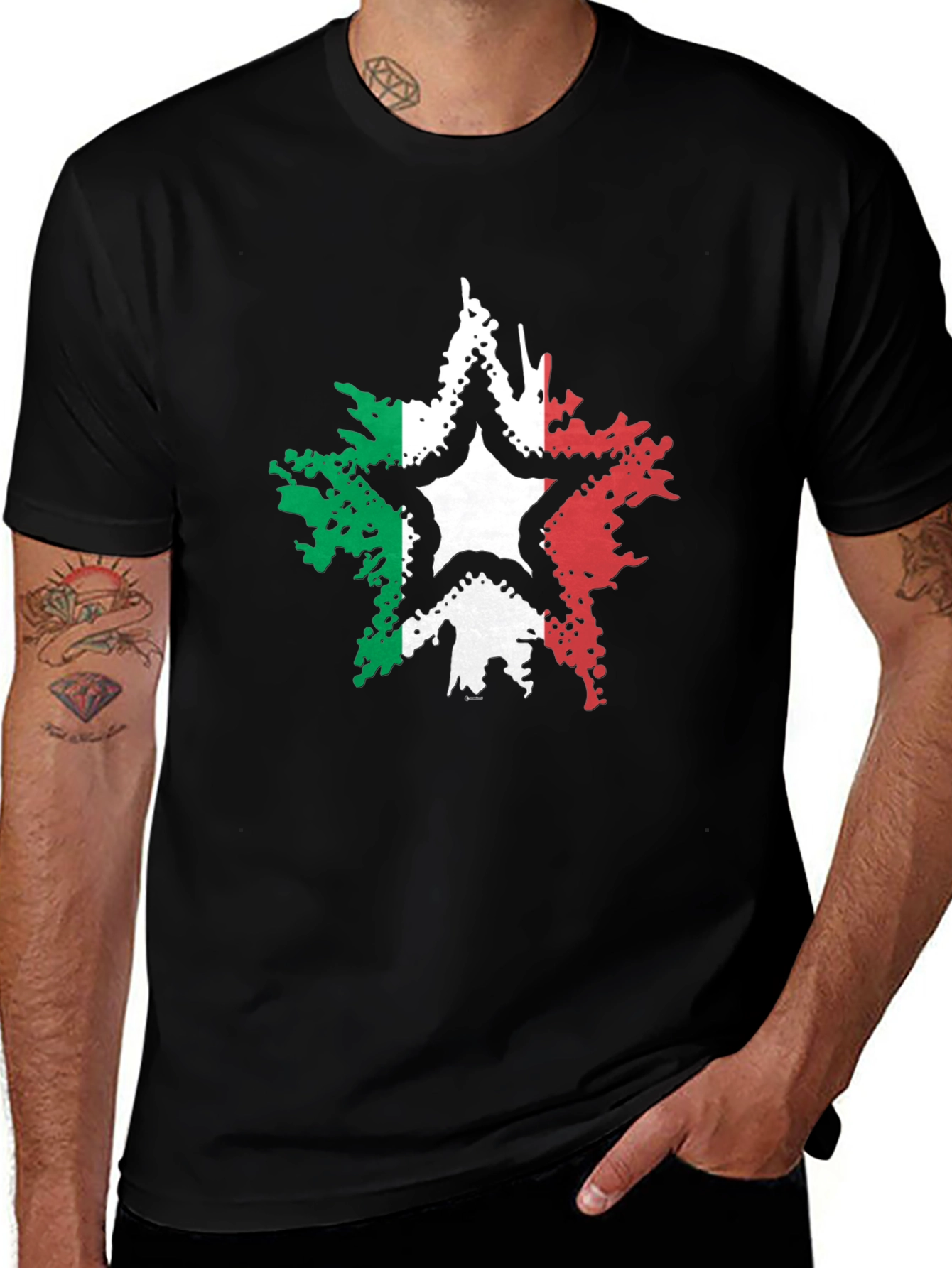 Variant 16 of Italian Flag Star Graphic Tee - Black Casual T-Shirt