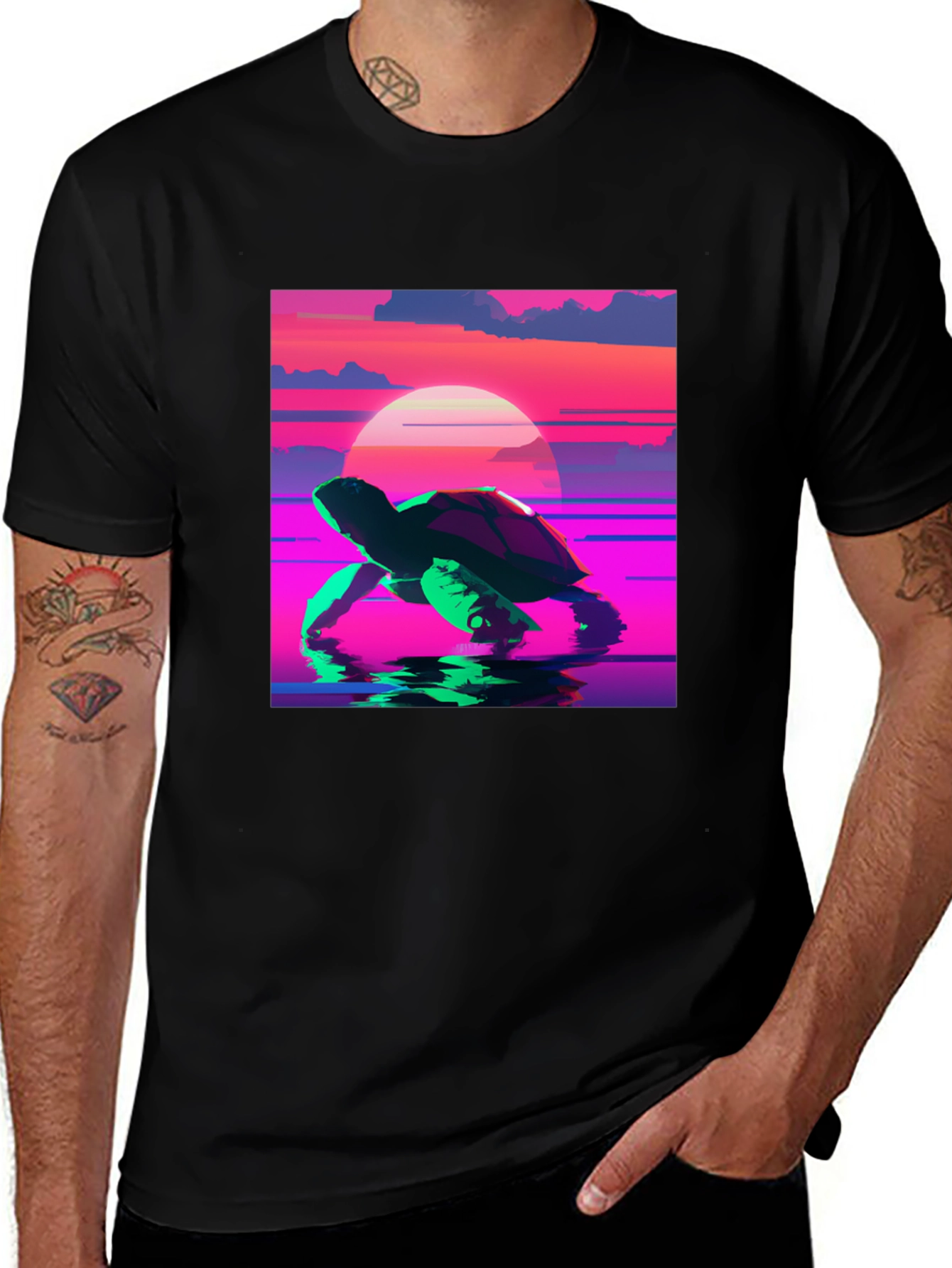 Variant 16 of Sunset Turtle Graphic Black T-Shirt