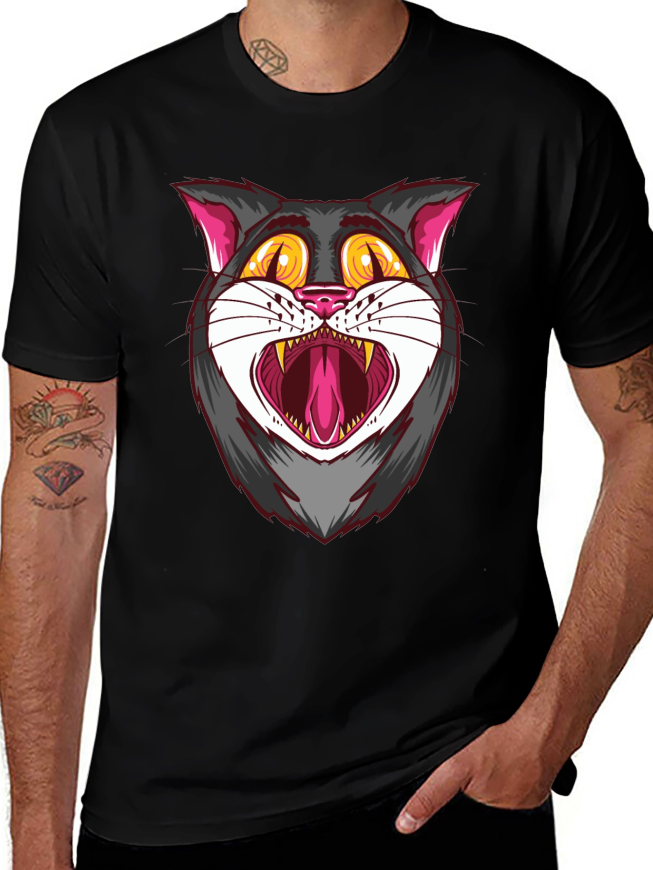 Variant 21 of Cartoon Cat Graphic Tee - Men's Black T-Shirt