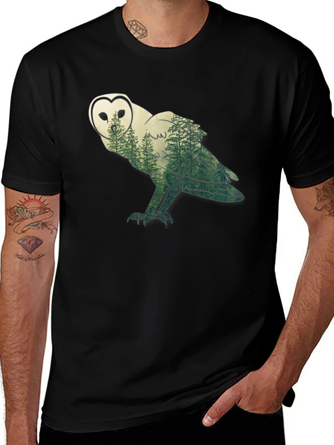 Owl Forest Graphic Print Black T-Shirt