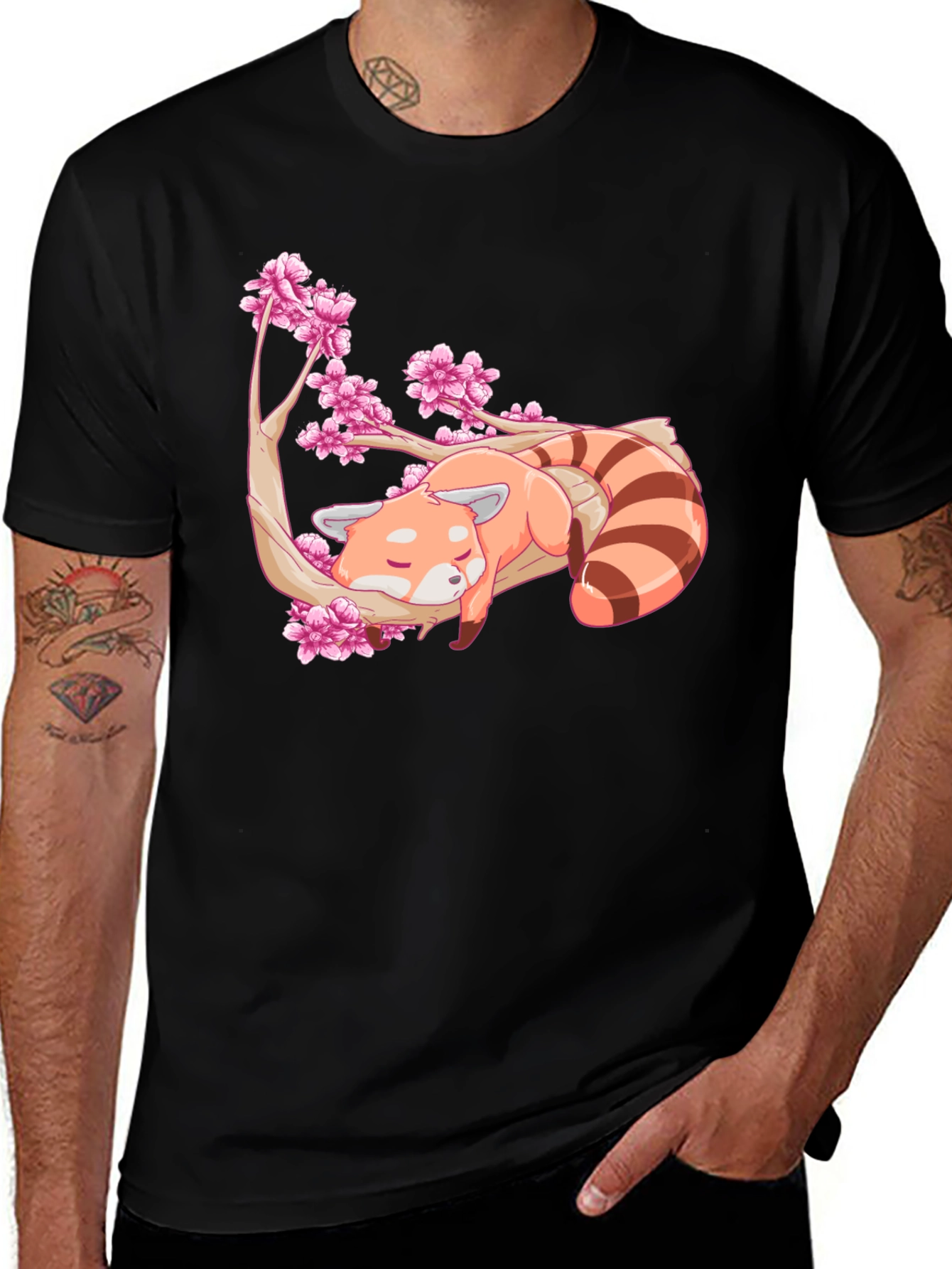 Variant 16 of Red Panda Cherry Blossom Black T-Shirt