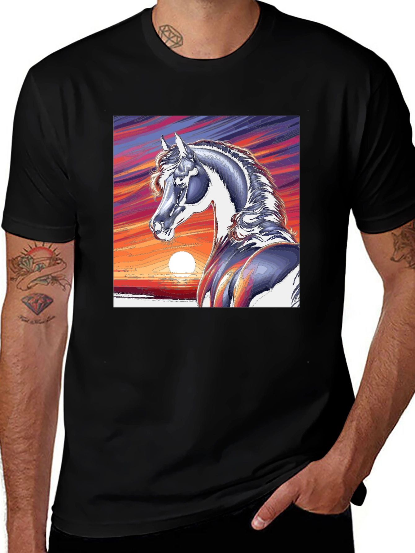 Variant 5 of Horse Sunset Graphic Tee - Stylish Black Cotton T-Shirt