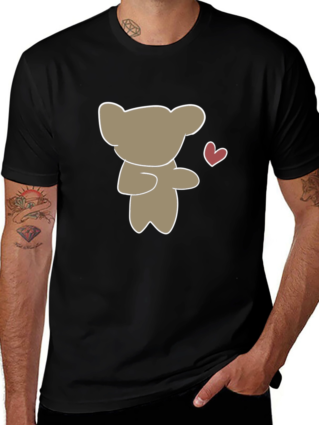 Cute Bear Heart Graphic Black T-Shirt