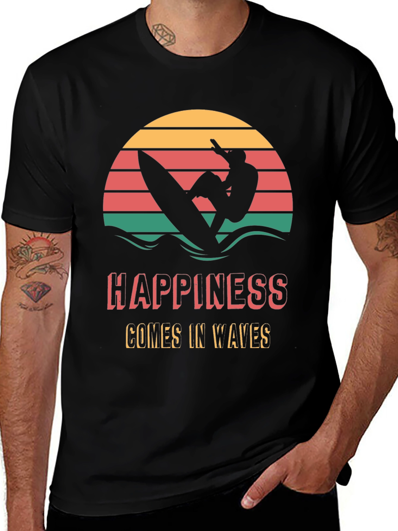 Variant 22 of Surfer Silhouette T-Shirt - Happiness Comes in Waves