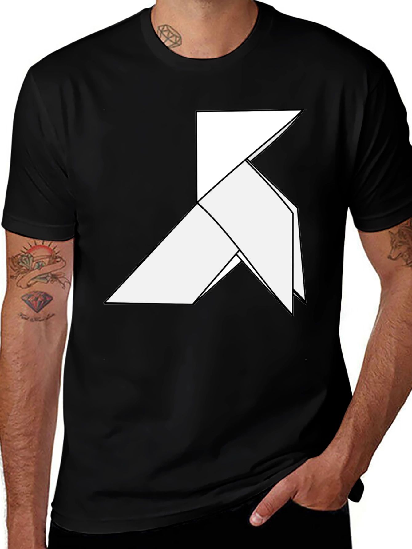 Geometric Origami Bird Black T-Shirt