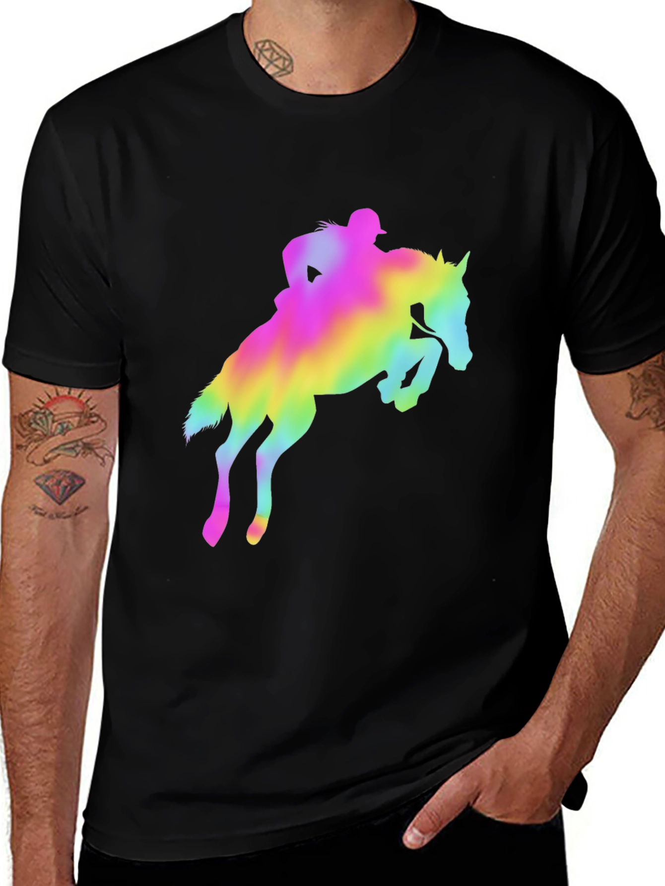 Variant 9 of Vibrant Horse Rider Graphic Tee - Black Cotton Blend