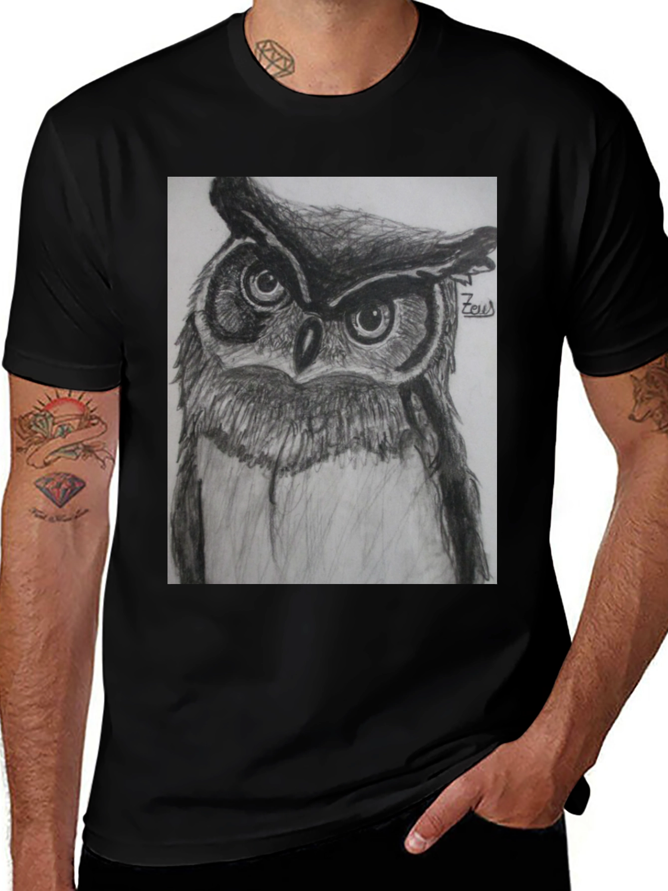 Variant 19 of Owl Sketch Graphic Print Black T-Shirt