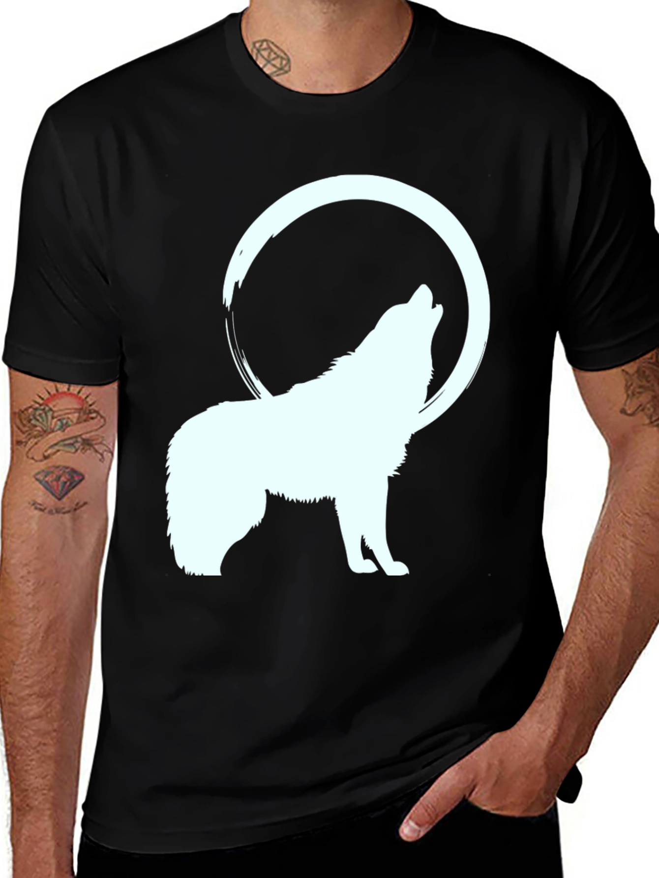 Variant 25 of Wolf Howling at Moon Graphic Tee - Black