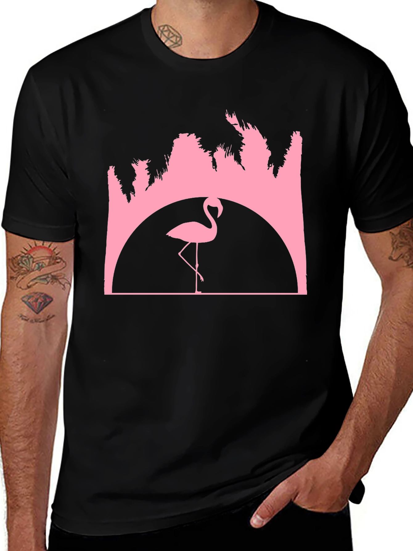 Variant 25 of Flamingo Sunset Graphic Tee - Black Cotton T-Shirt