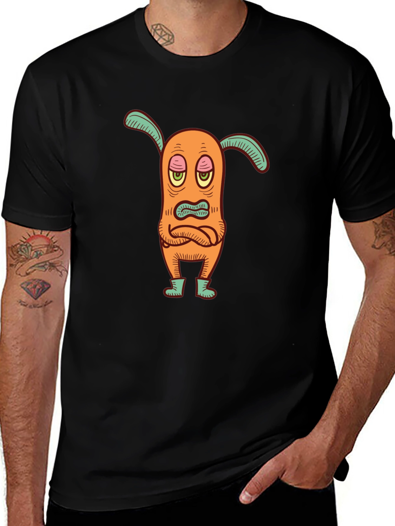 Variant 10 of Funny Grumpy Orange Cartoon Character Black T-Shirt