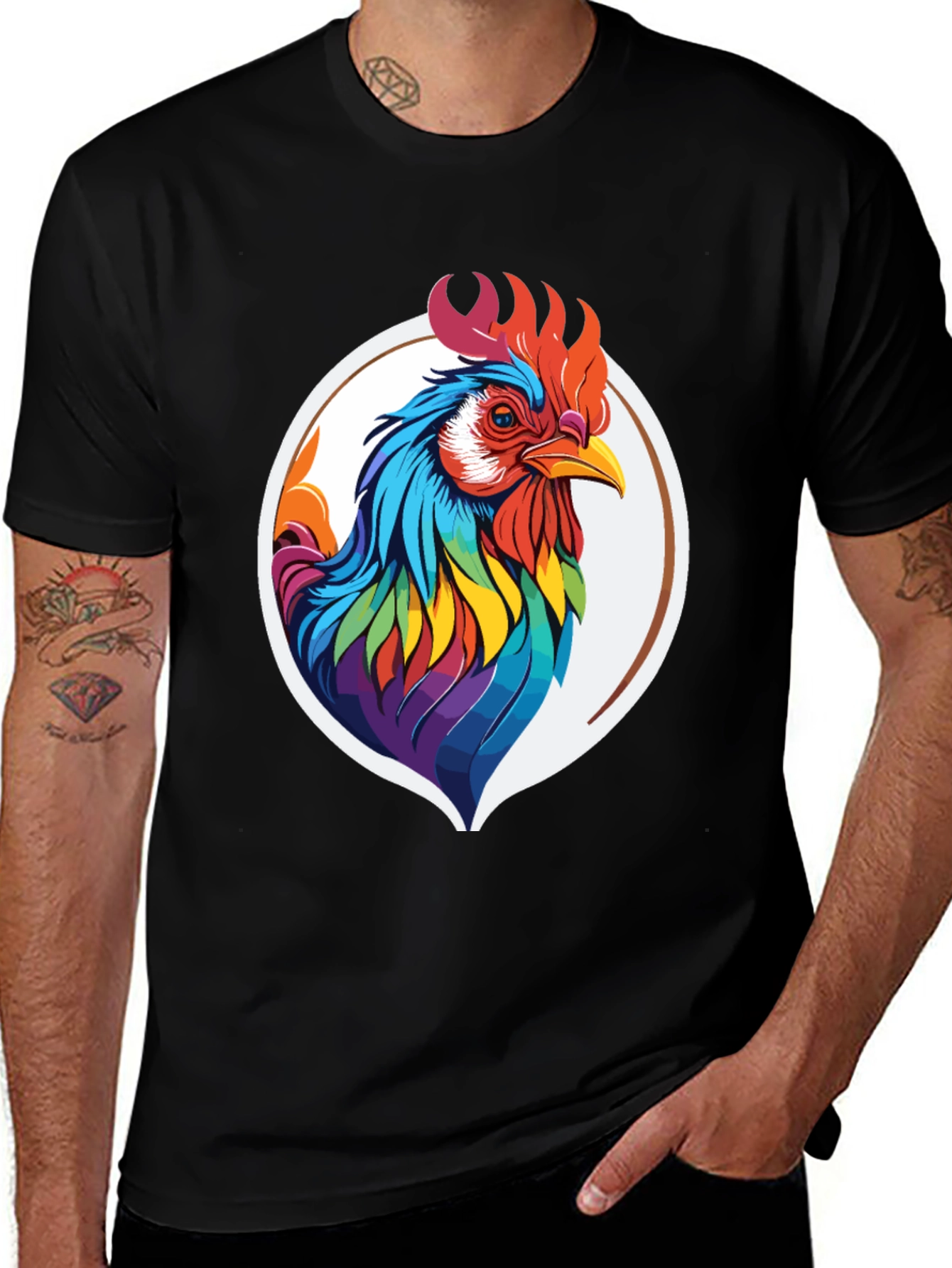 Variant 14 of Colorful Rooster Graphic Tee - Men's Black T-Shirt