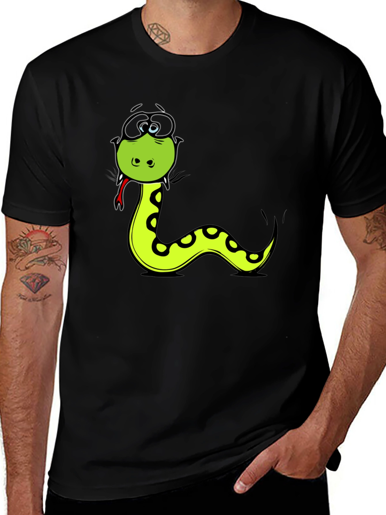 Variant 24 of Cartoon Snake Graphic T-Shirt - Black Cotton Tee