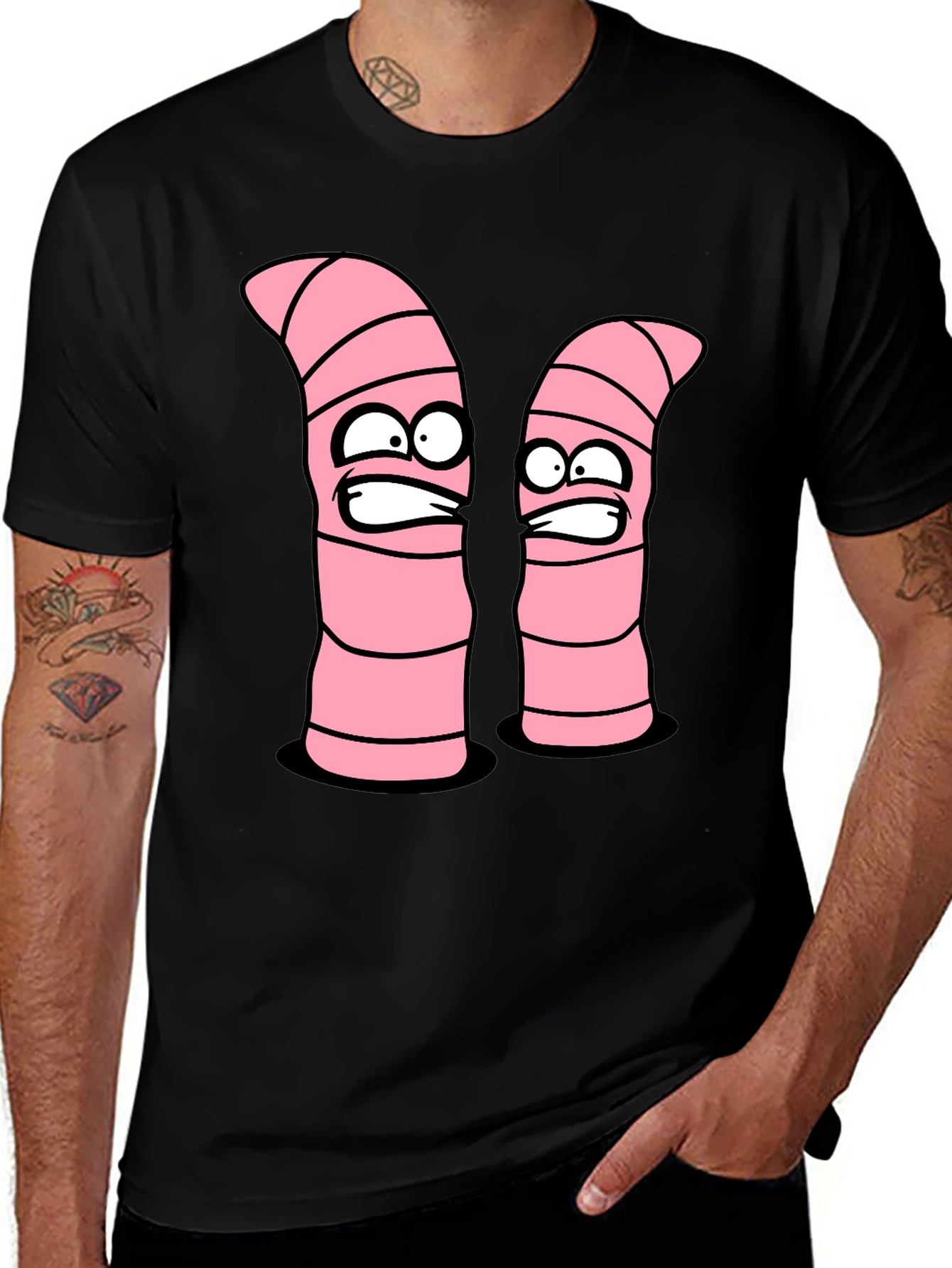 Variant 10 of Cartoon Worms Graphic Tee - Black Cotton T-Shirt