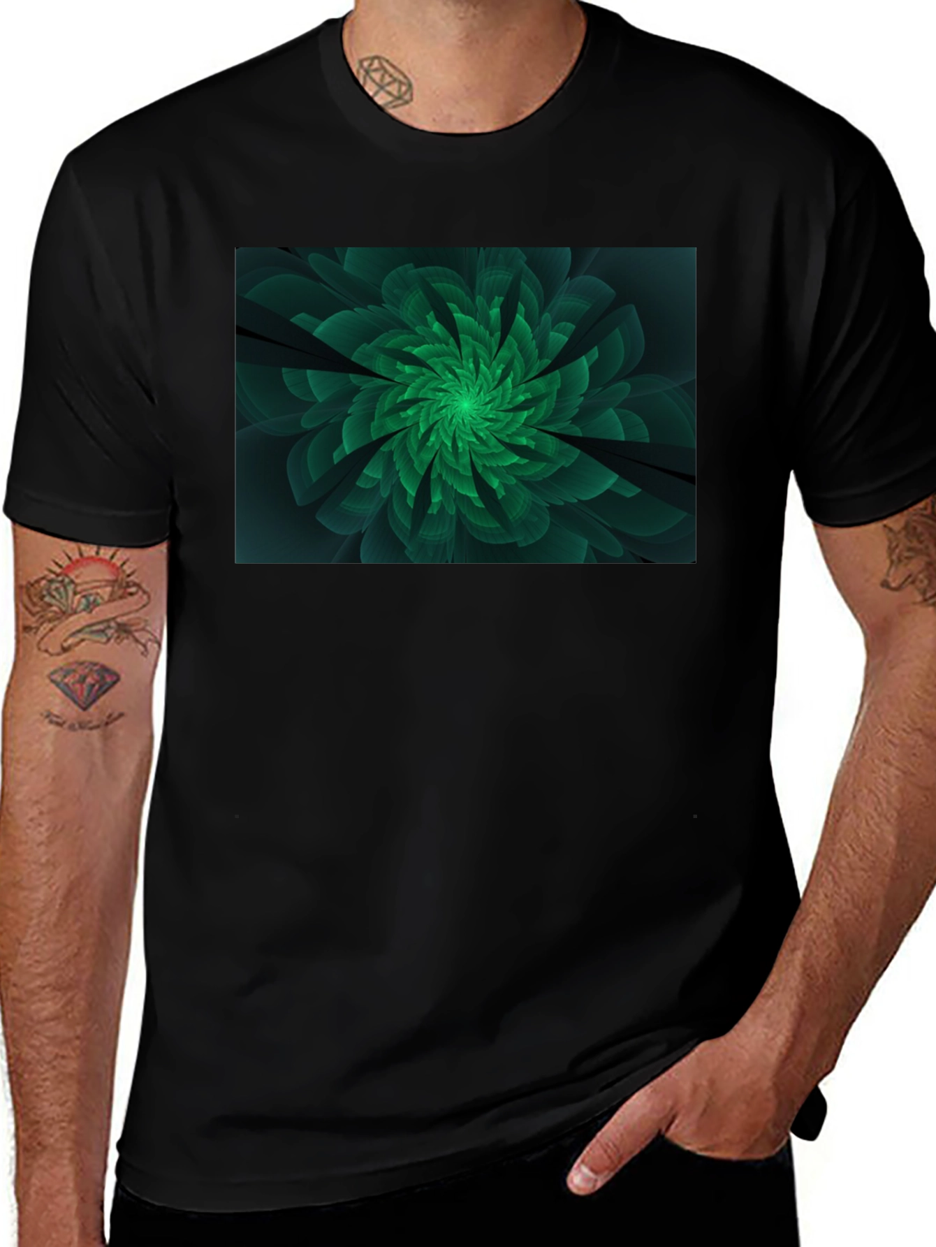 Variant 17 of Emerald Bloom Black T-Shirt - Modern Floral Design