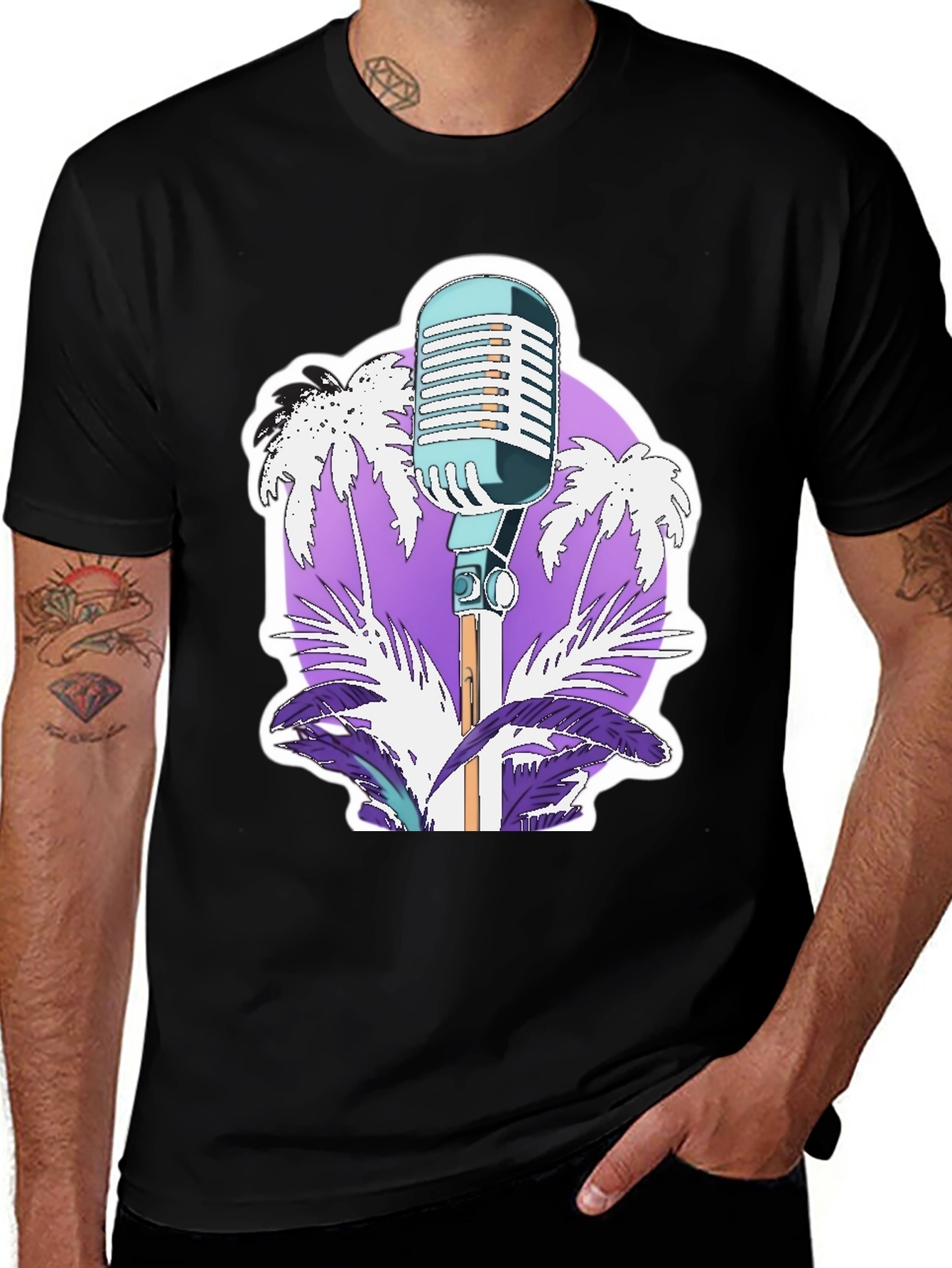 Variant 3 of Retro Microphone Palm Tree Graphic Tee - Stylish Black T-Shirt