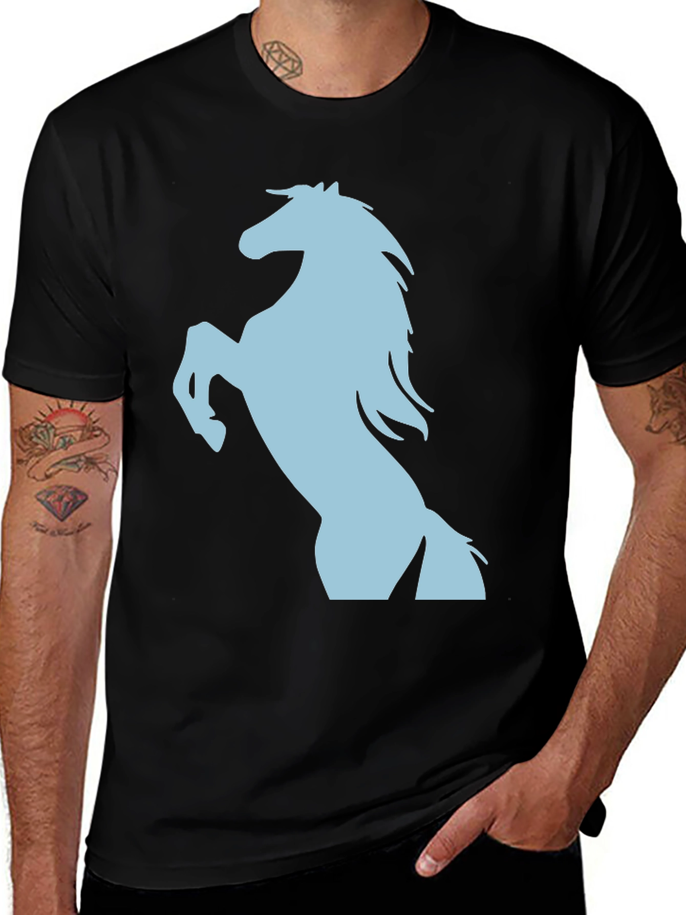Variant 2 of Black Tee with Light Blue Horse Graphic