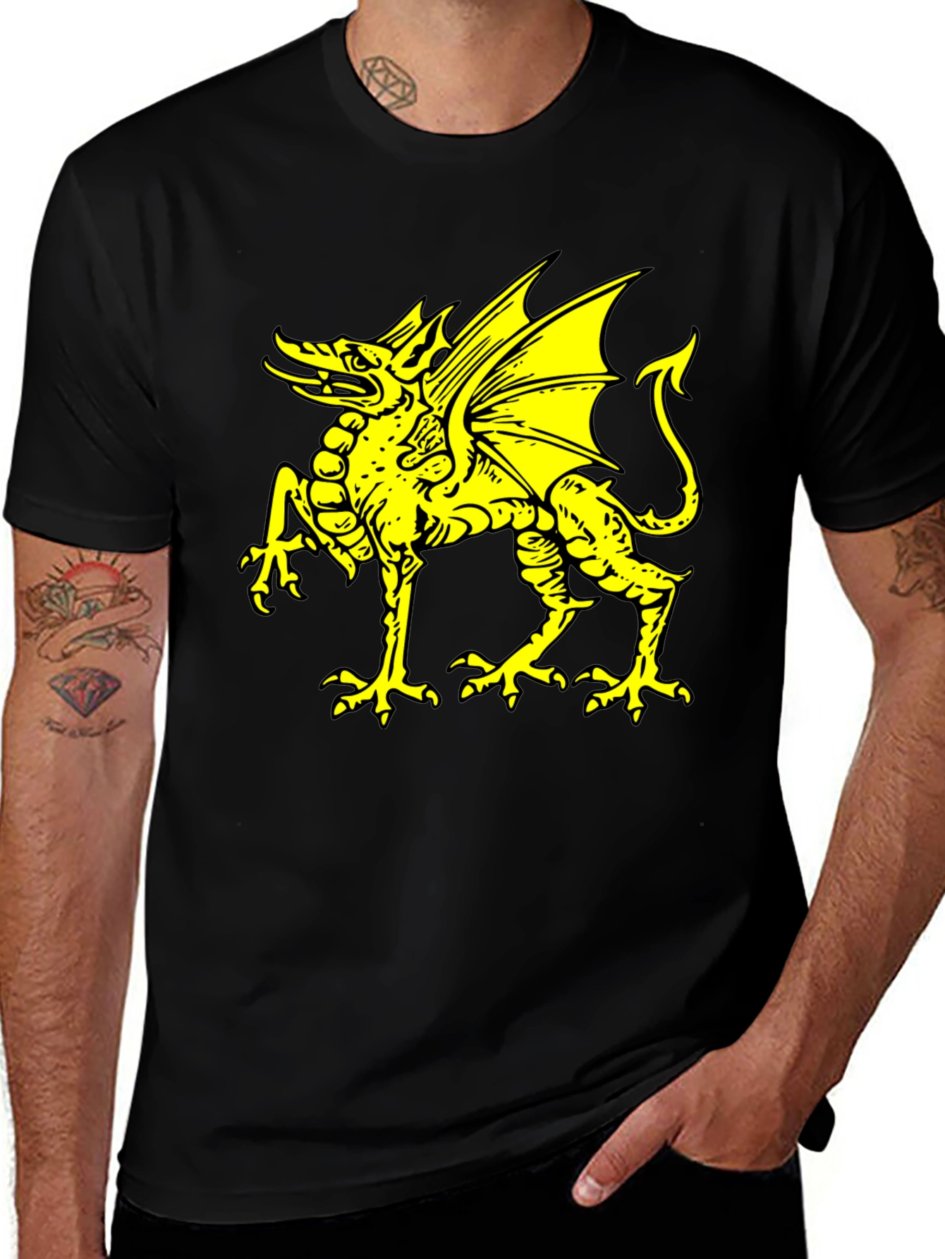 Black T-Shirt with Yellow Dragon Graphic