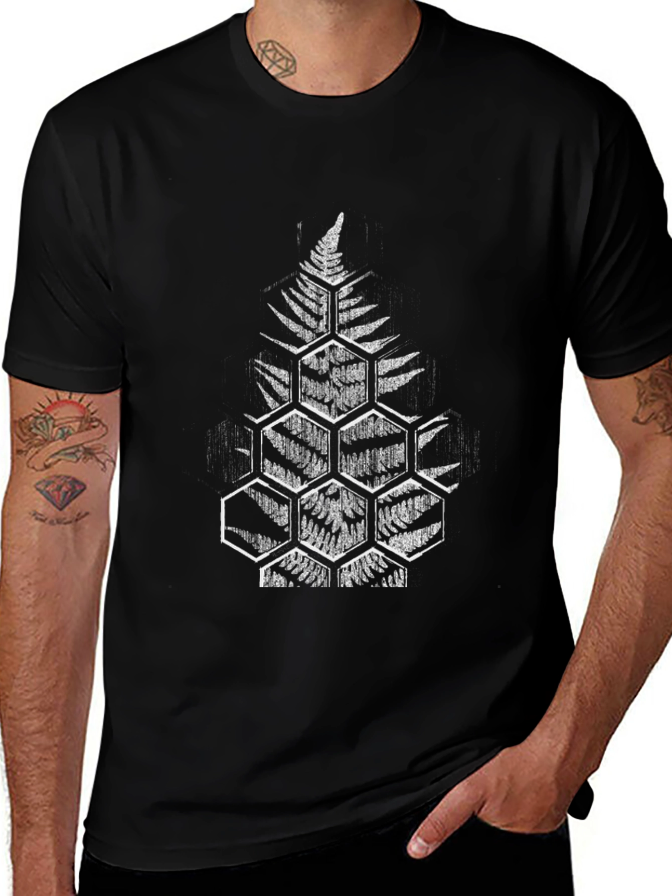 Variant 19 of Fern Hexagon Graphic Black T-Shirt