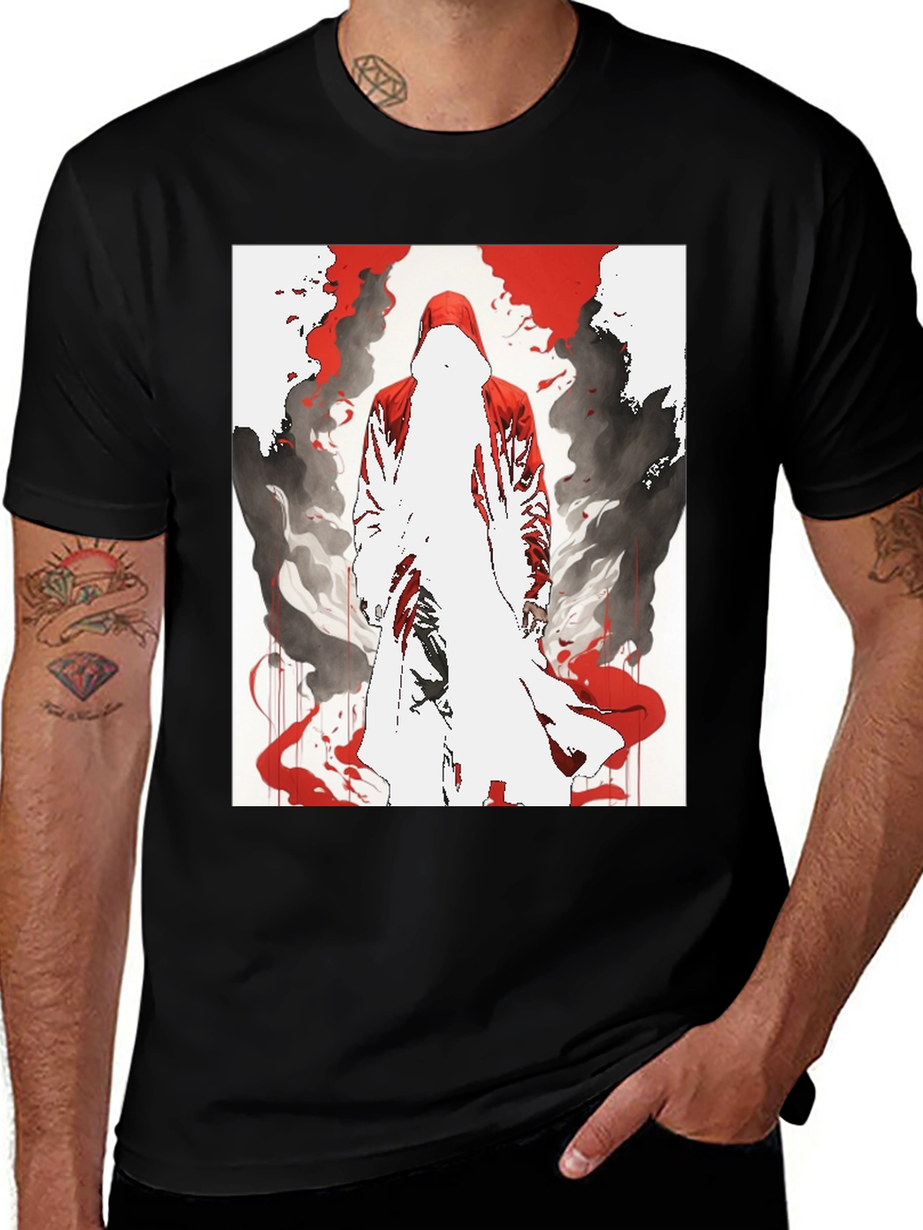 Variant 19 of Red Hooded Figure Graphic Black T-Shirt