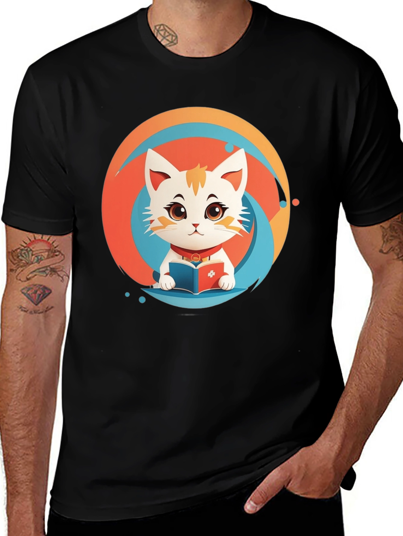 Variant 14 of Cartoon Cat Reading Book Black T-Shirt