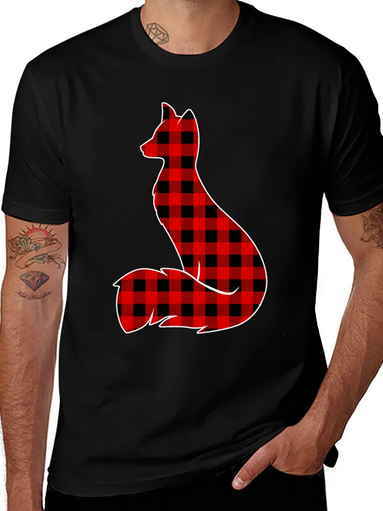 Variant 14 of Buffalo Plaid Fox Graphic Tee - Black
