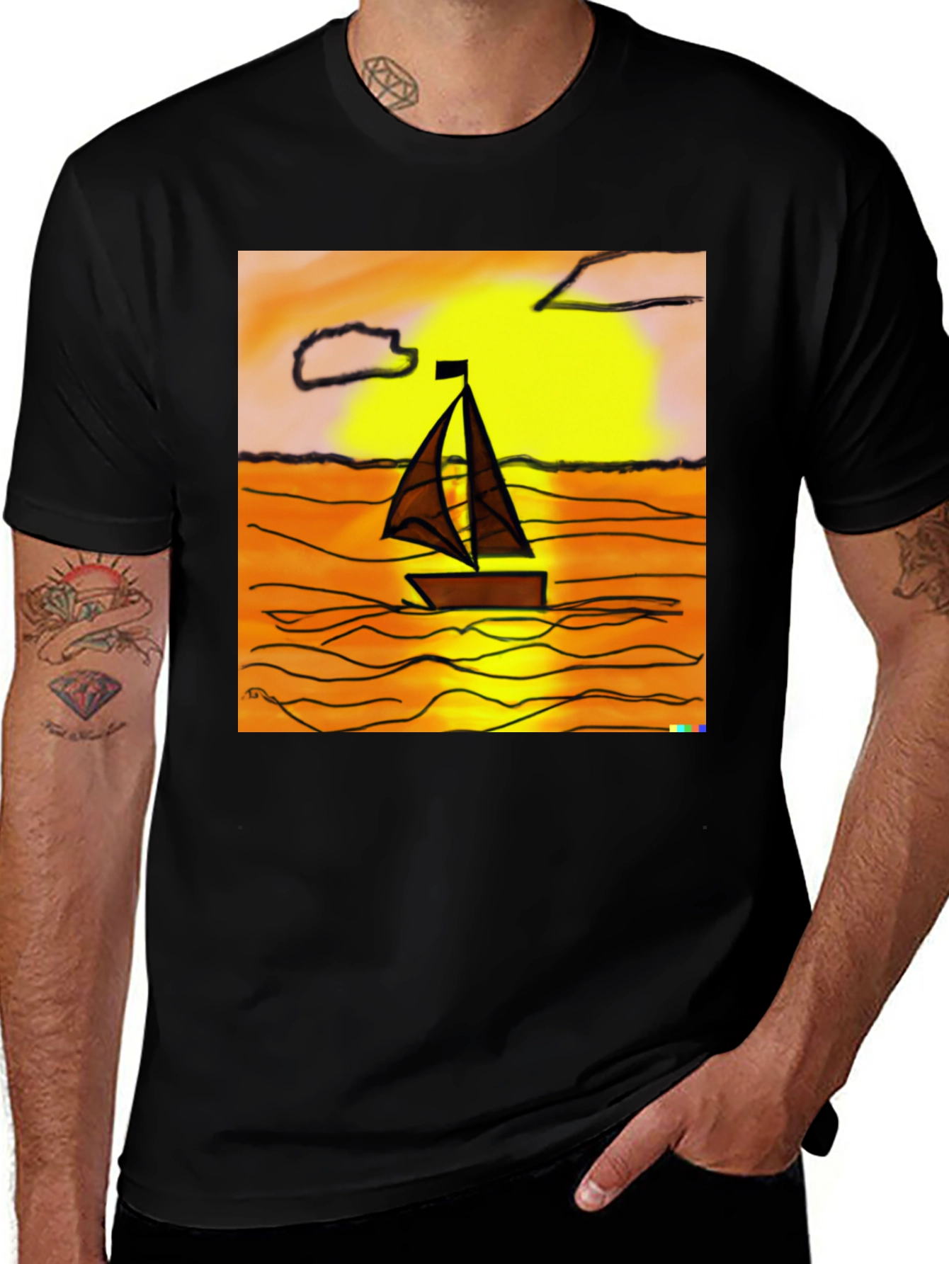 Variant 18 of Sunset Sailboat Graphic Tee - Black Cotton Casual