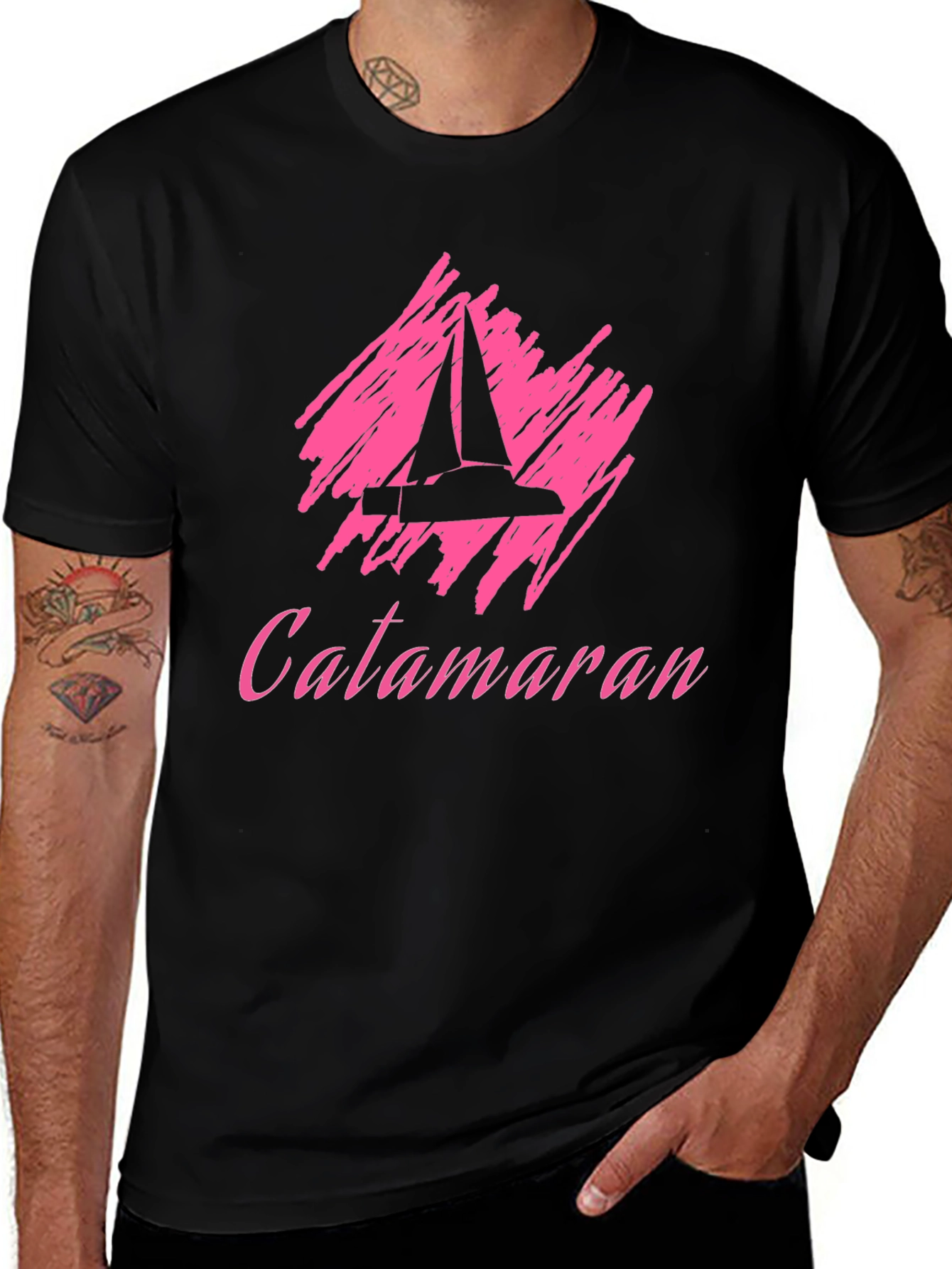 Variant 2 of Catamaran Sailboat Graphic Tee - Black Cotton T-Shirt