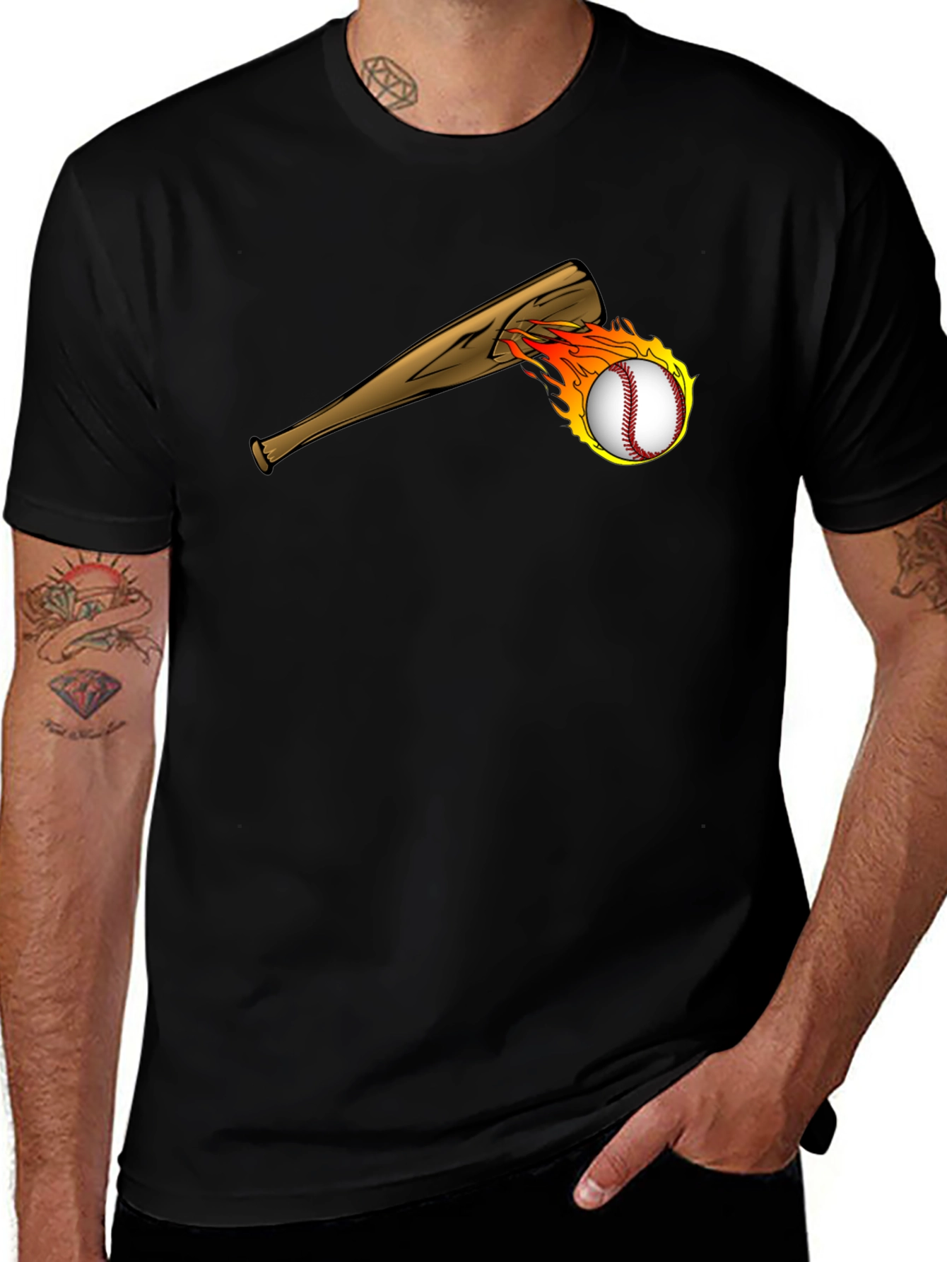 Variant 9 of Flaming Baseball Bat Graphic Tee - Black