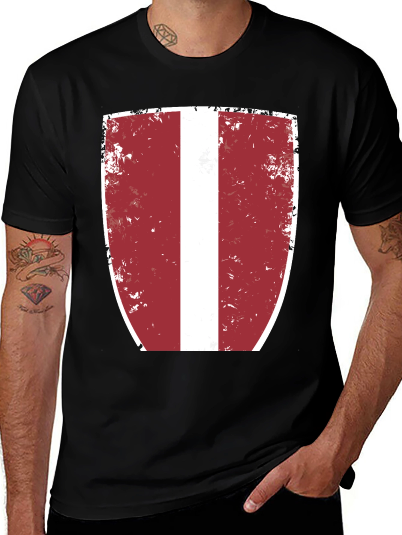 Latvian Flag Shield T-Shirt - Black, Distressed