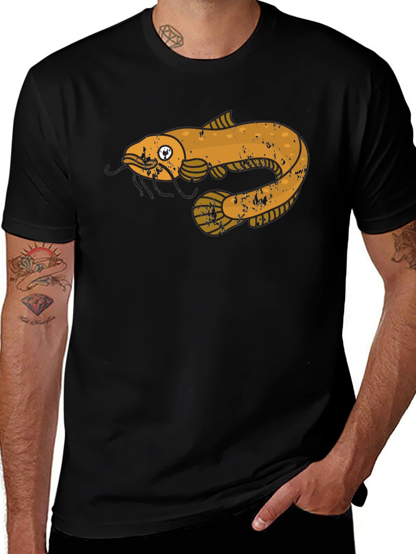Black T-Shirt with Cartoon Fish Graphic