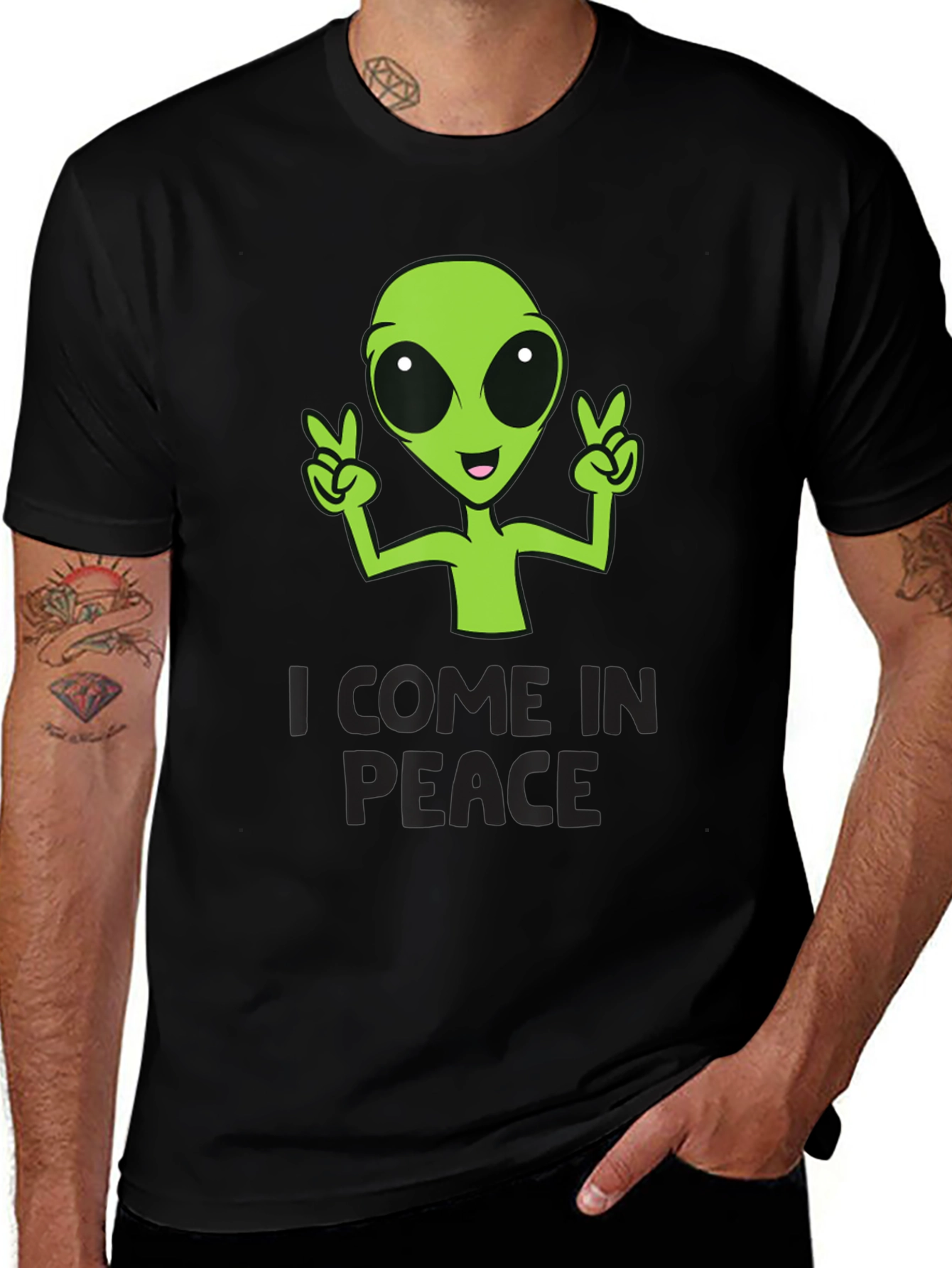 Black I Come In Peace Alien Graphic T-Shirt main image