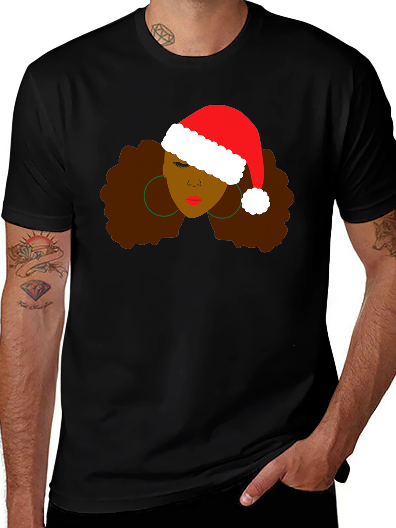 Black Woman Afro Santa Hat T-Shirt