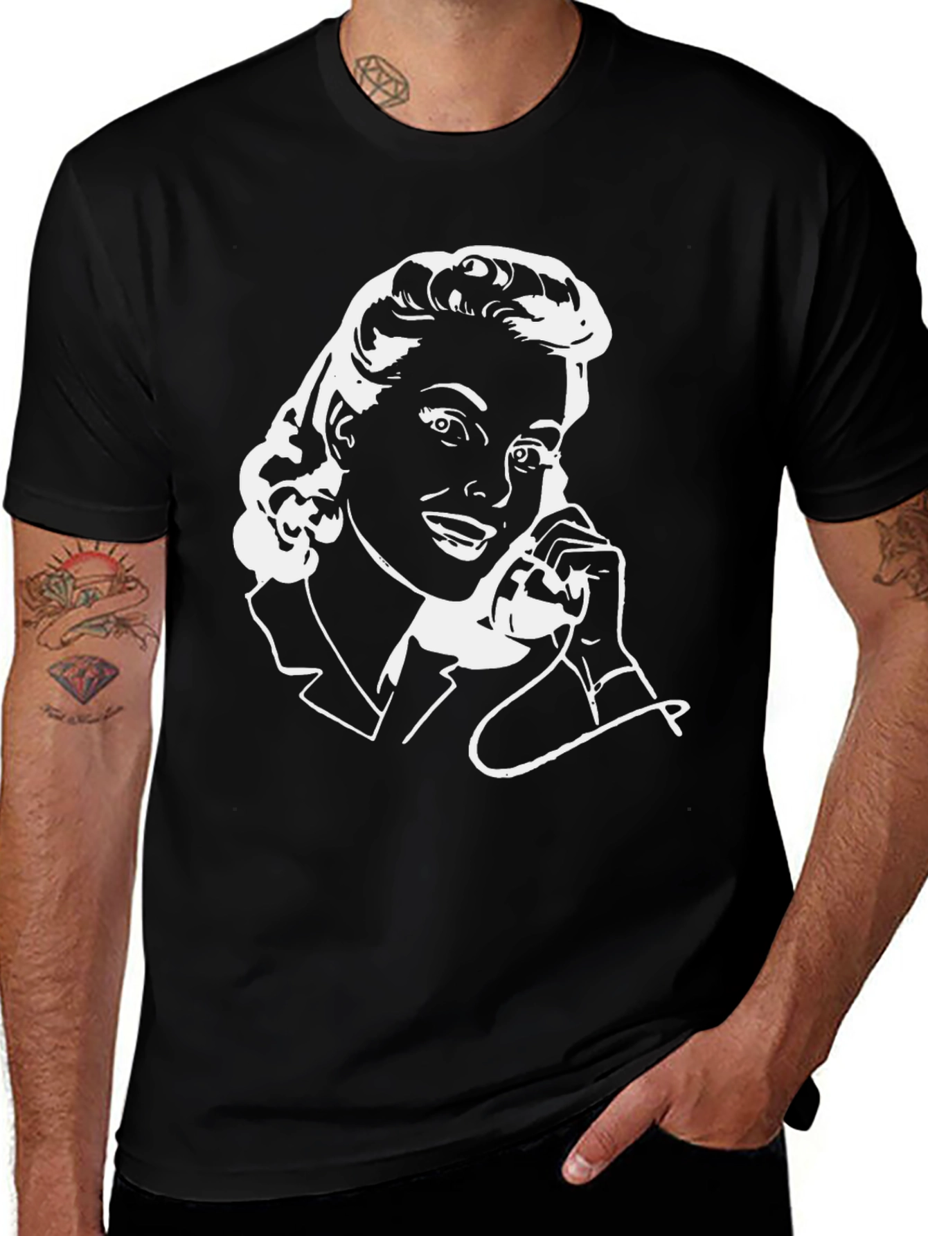 Variant 29 of Retro Woman On Phone Black T-Shirt