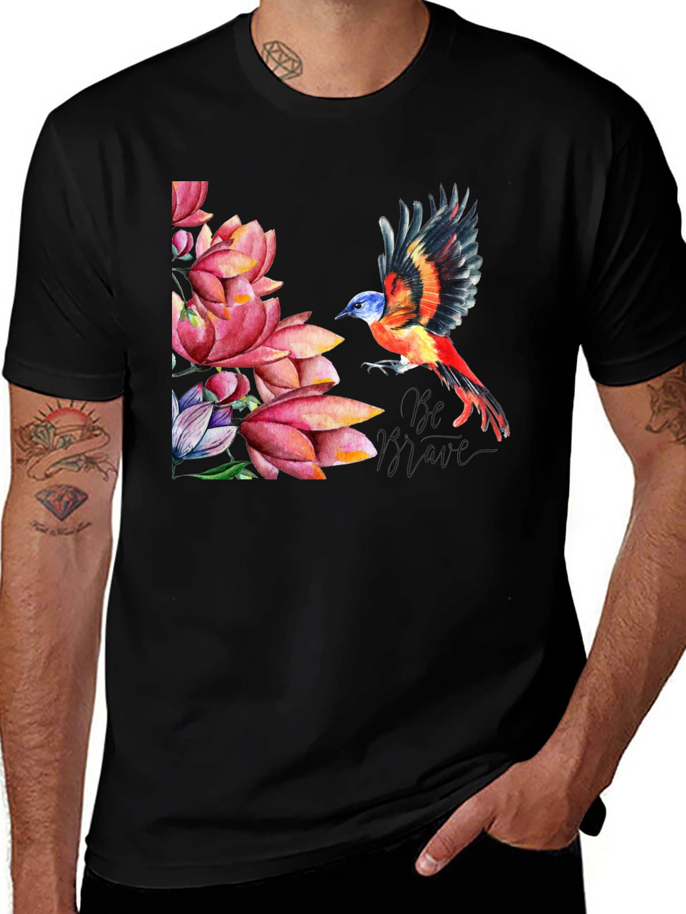 Variant 24 of Bird & Lotus Flower Graphic Black T-Shirt